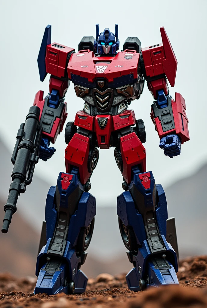 A red Autobot with dark blue details capable of transforming into a Lamborghini Aventador fused with an M1126 Stryker 1/72; with a cannon on his arm as a replacement for his right hand