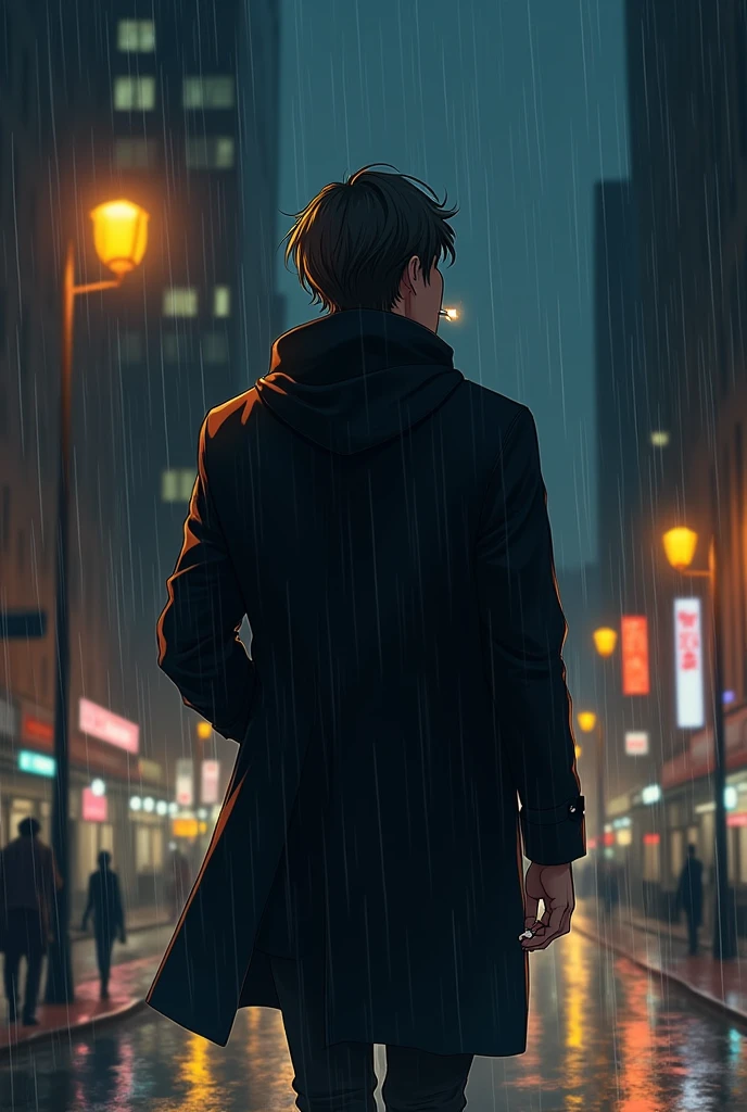 Generate me an anime drawing of a man in a black coat with a cigarette in the middle of the rain and with the cap of the coat with medium-short hair on while walking forward and there are streetlights that illuminate the city
. Please
