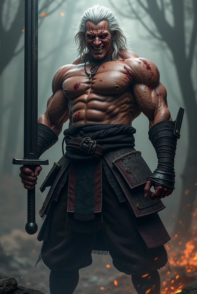 A 2 meter samurai, medium white hair, muscular body and scarred face, a 100kg black sword and an evil smile 