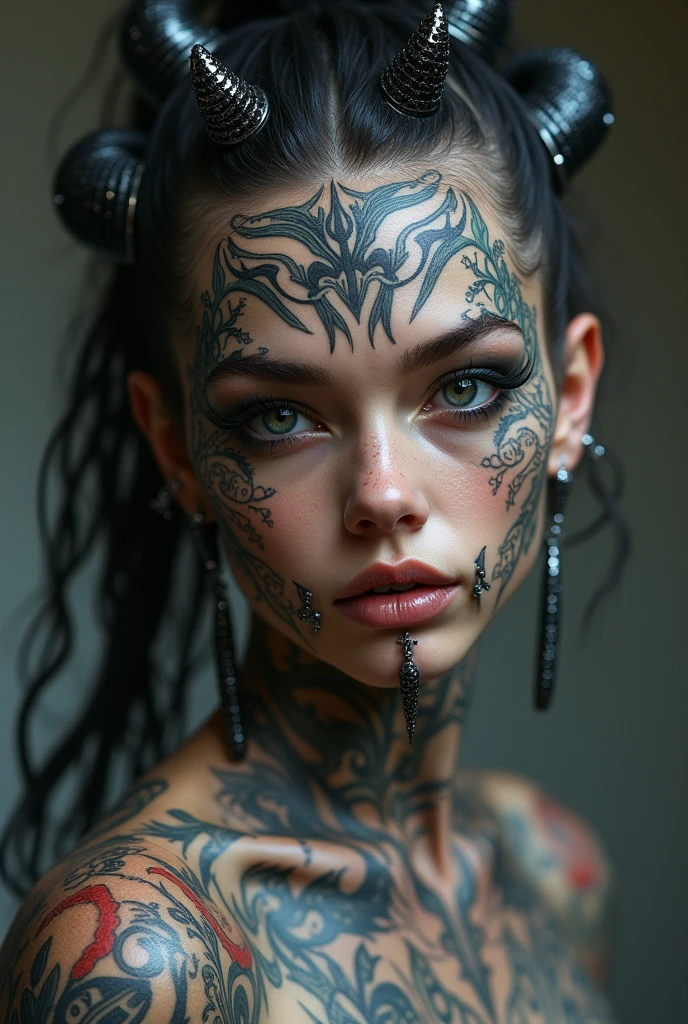 Create a young woman with this appearance: She has her skin completely covered in tattoos, every inch of it is completely covered without leaving any free space, no matter how small.; The inside of his mouth and his forked tongue are also completely tattooed, her scleras are also completely tattooed as well as her lips which are also completely tattooed. She has subdermal scale implants all over her skin, and on the head it has a pair of subdermal horns on the forehead, she also has a long pointy tail. She has many, plus many expanders on the face and many piercings on the body and some on the face, in the mouth and on the tongue. Her teeth are all made of black rhodium encrusted with black diamonds.. She is completely bald, without having any hair since childhood thanks to alopecia universalis.