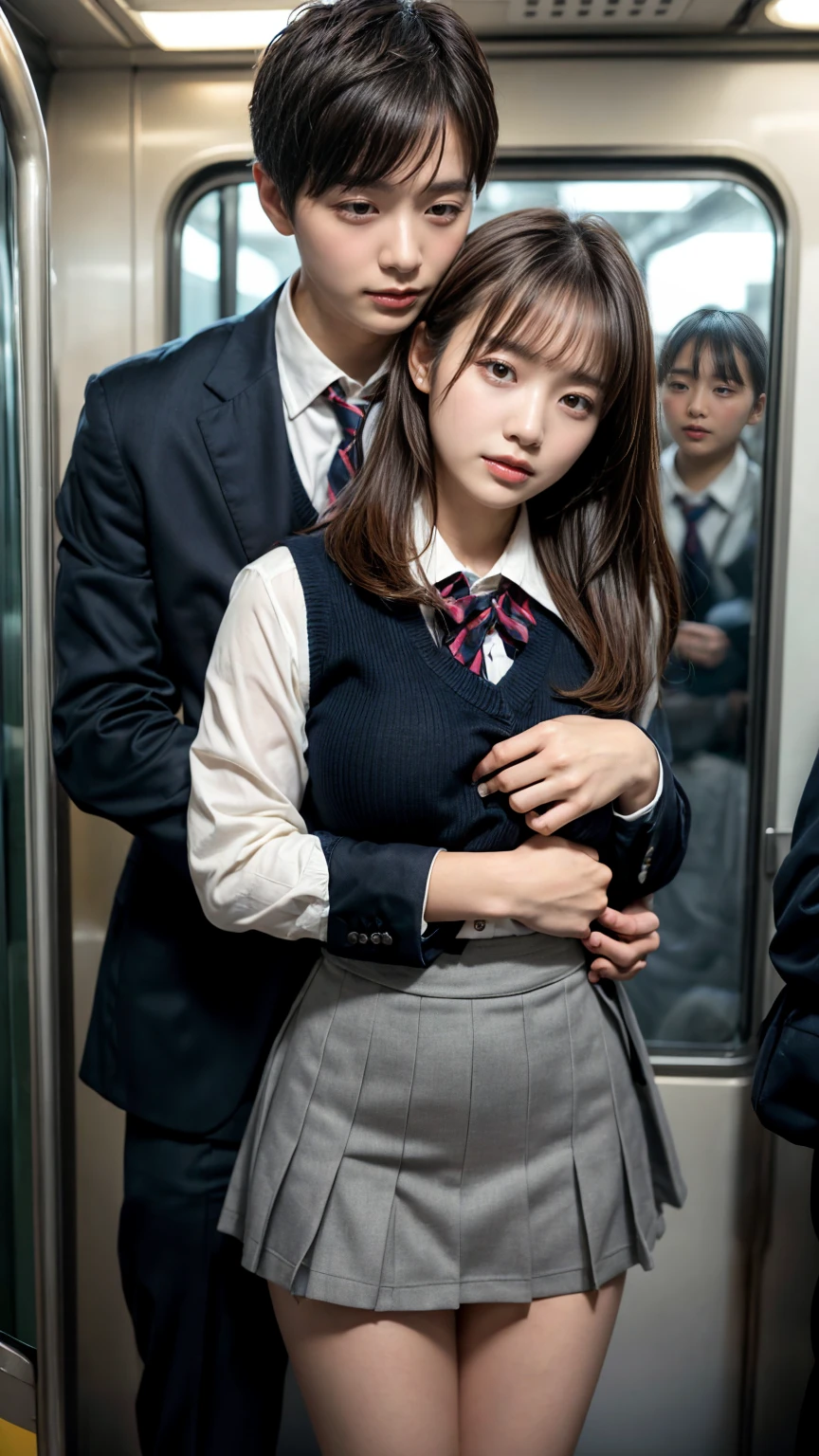 Browsing Caution, Crowded train, ((25 year old office lady)), ((Height: 165cm)), Japan , Handsome boy hugging his girlfriend , Talk in her ear, Lift her up, Miniskirt twisted up, 40k, photograph, masterpiece, Highest quality, Dark Gray Background, ((Japan girls' high school uniform)), A boy is leaning on her from behind、i held you up, Girl gets violated , Very  bigger than a face