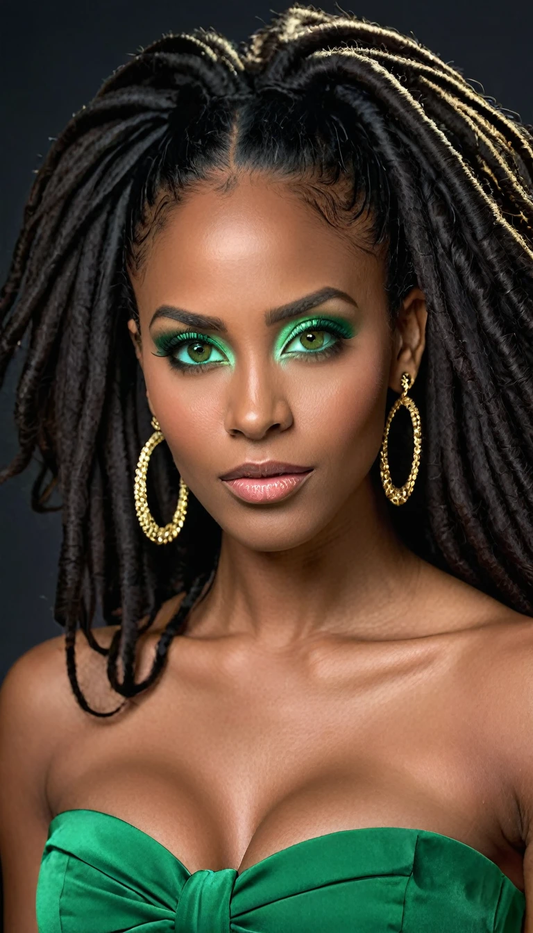 FACE SHOT OF LOVELY BEAUTIFUL BLACK WOMAN, HUGE LONG BLACK HAIR, VOLUMOUS DREAD HAIR STYLE, SOFT BROWN SKIN, JADE GREEN  EYES, EXPRESSIVE JADE GREEN EYES, LOVELY FACE EXPRESSION, CLOSED MOUTH, ROSY CHEEKS, HIGH CHEEKBONES, MENTAL FORAMEN, STRONG SHOULDERS, STRAPLESS CLEAVAGE, BLACK STRAPLESSDRESS, BUST IMAGE, FRONTAL ANGLE SHOT, DARK BACKGROUND, DIFUSED LIGHTS, MASTERPIECE