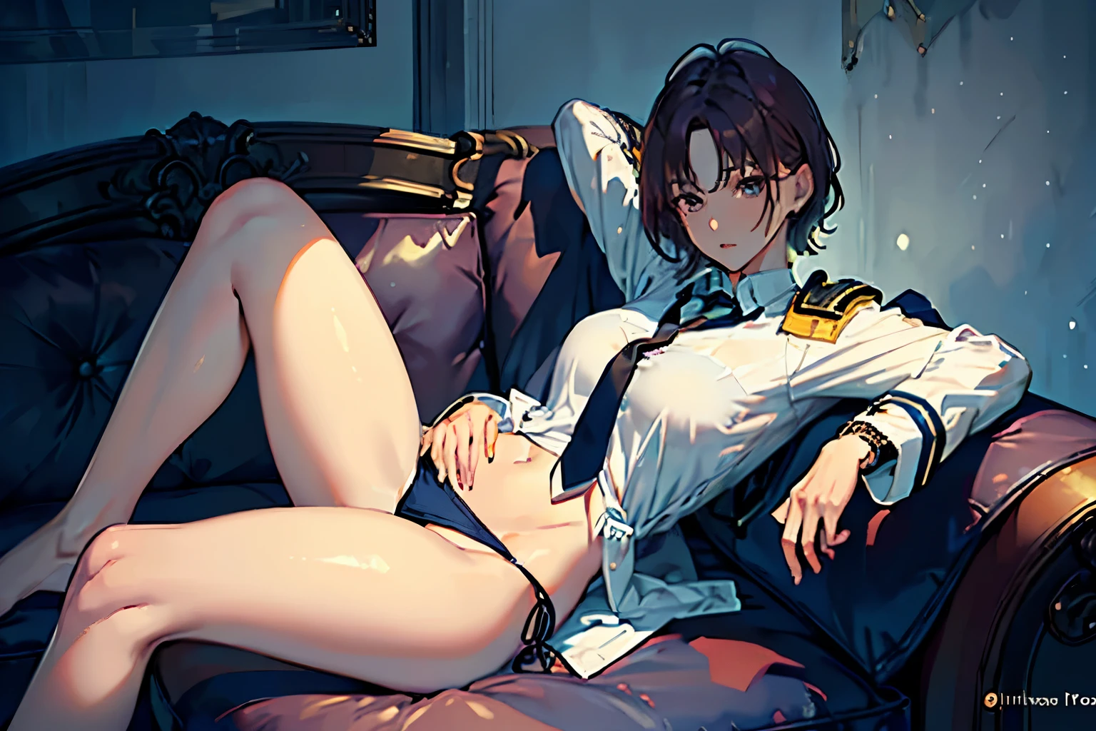 masterpiece,(Perfect Anatomy:1.5), highest quality, 1 lady , slender, leggy, Seductive, brown hair, (wear a white long sleeved shirt, tie, navy officer winter jacket:1.5), white bikini pantie , barefoot, Perfect hands, Perfect body, reclining, lying on a sofa, leg up , looking away, ((Exquisite detail)), Very finely crafted fingers(((10 fingers))), (full body showcase), (Show your whole body), (no background), (No logo) , high resolution, parted lips, belly button, feet up, arms behind head