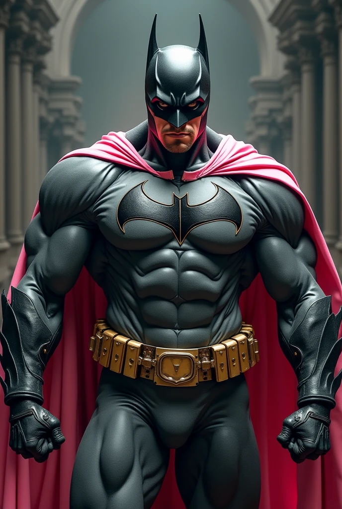 a muscular man wearing a batman mask, pink beige cape and suit, heavily armored, detailed portrait, photorealistic, cinematic lighting, 8k, best quality, masterpiece, hyper detailed