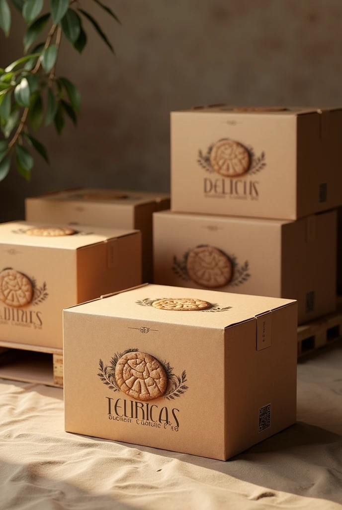 (photorealism:1.2), Make corrugated cardboard boxes with the company name and cookie design on them.. company "DELICIAS GOURMET SA" and Whole grain nut cookies LET IT BE PRETTY. BOXES OF THE SAME SIZE. SAMPLE BOXES GROUPED TO BE PLACED ON PALLETS