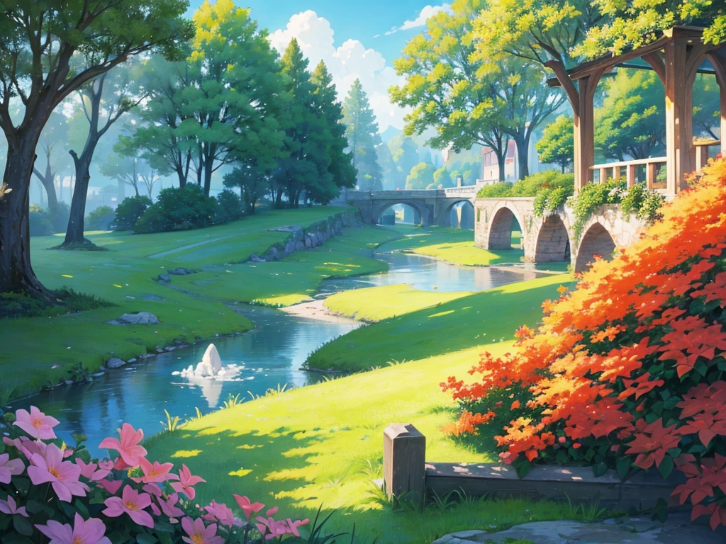 In this anime-style fantasy world, you see an expansive green landscape stretching as far as the eye can see. The sky is clear blue with a few scattered white clouds, and the warm sunlight bathes the scene, giving it a peaceful and inviting atmosphere.
In the distance, there's a small town filled with houses with orange and red rooftops. The most prominent feature is a large stone castle perched on a hill, with tall towers that stand out against the horizon. Some towers have flags gently waving in the breeze. Roads and bridges connect various parts of the town, making it look like something straight out of a fairy tale.
The vast green fields are dotted with large trees, and in some areas, colorful flowers bloom, adding vibrancy to the scene. A small river winds its way through the landscape, creating a soft, calming sound as it flows.
You might also spot some fantastical creatures, like small dragons or cute animals, wandering through the fields, adding a touch of magic and otherworldliness to the scene.
This description should help you visualize the anime-style fantasy world with a vast green landscape and a distant town clearly and vividly