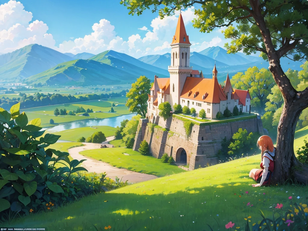 In this anime-style fantasy world, you see an expansive green landscape stretching as far as the eye can see. The sky is clear blue with a few scattered white clouds, and the warm sunlight bathes the scene, giving it a peaceful and inviting atmosphere.
In the distance, there's a small town filled with houses with orange and red rooftops. The most prominent feature is a large stone castle perched on a hill, with tall towers that stand out against the horizon. Some towers have flags gently waving in the breeze. Roads and bridges connect various parts of the town, making it look like something straight out of a fairy tale.
The vast green fields are dotted with large trees, and in some areas, colorful flowers bloom, adding vibrancy to the scene. A small river winds its way through the landscape, creating a soft, calming sound as it flows.
You might also spot some fantastical creatures, like small dragons or cute animals, wandering through the fields, adding a touch of magic and otherworldliness to the scene.
This description should help you visualize the anime-style fantasy world with a vast green landscape and a distant town clearly and vividly