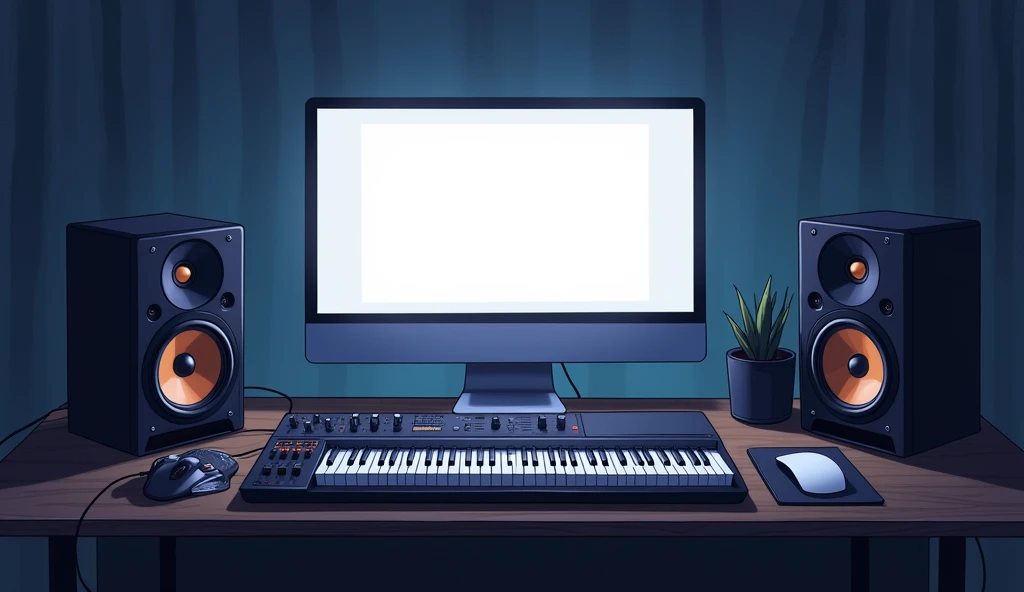 white Emotional computer Wide monitor speaker whiteいキーボード Black Mouse Bird's-eye view piano roll Fader mixer night An illustration Anime Style