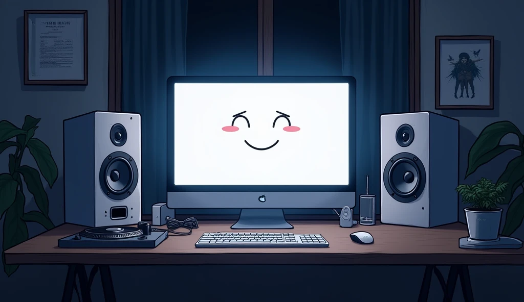 white Emotional computer Wide monitor speaker whiteいキーボード Black Mouse Bird's-eye view piano roll Fader mixer night An illustration Anime Style