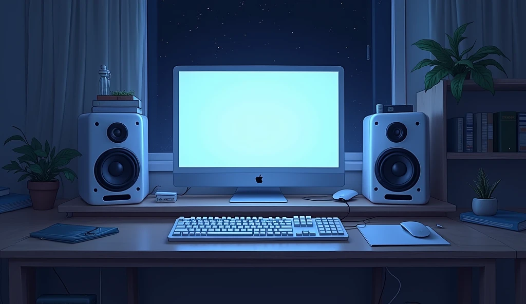 white Emotional computer Wide monitor speaker whiteいキーボード Black Mouse Bird's-eye view piano roll Fader mixer night An illustration Anime Style