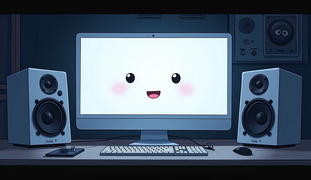 white Emotional computer Wide monitor speaker whiteいキーボード Black Mouse Bird's-eye view piano roll Fader mixer night An illustration Anime Style