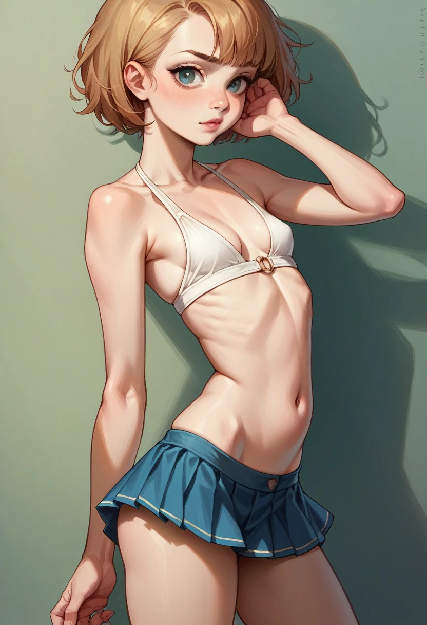 13 year old girl,small breasts,small ass, short top short skirt realistic open cleavage show Navel