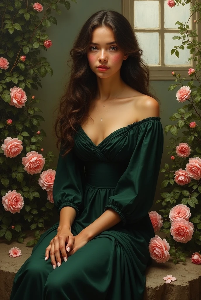 (photorealism:1.2), 19th century painting, beautiful woman, sitting on rock, surrounded by roses, wearing victorian dark green conservative and covering silk dress with long sleeve, long wavy hair, indoors, soft lighting, plants in background, window with sunlight, dark gaze, greenish hazel eyes, tanned skin, freckles, pretty, no smile on her face, neutral expression, not thin, not skinny, a bit chubby