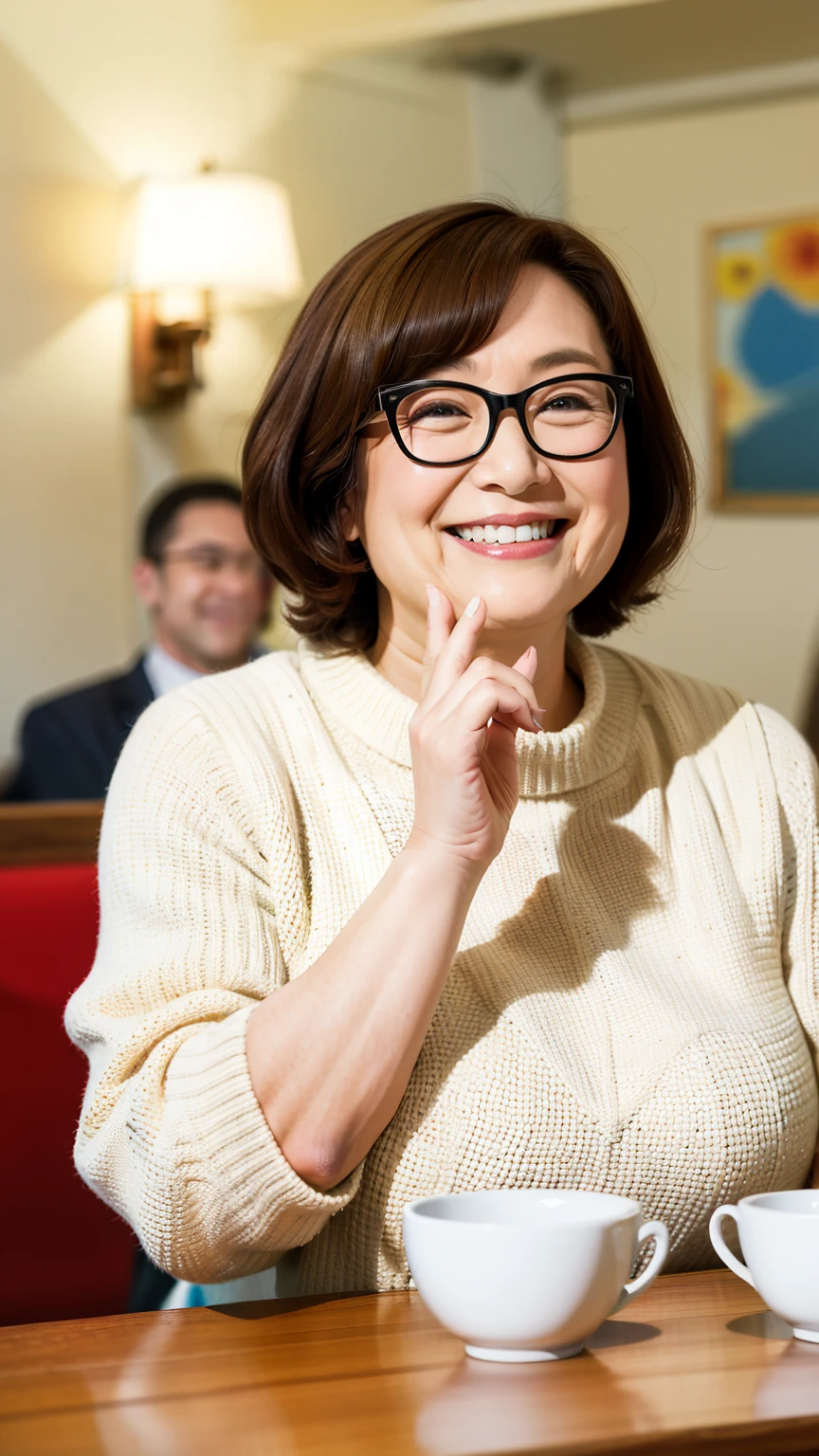 8k wallpaper, masterpiece, Highest quality, Very detailed, One Mature Woman, 50 years old, Become very clear, Wearing a short-sleeved knit, Skin dents, Captivating smile, Looking at the audience, No lapel microphone, Plump, Curvaceous, Attractive face, Smiling with teeth showing, I was happy, sitting in a cafe, Background Blur