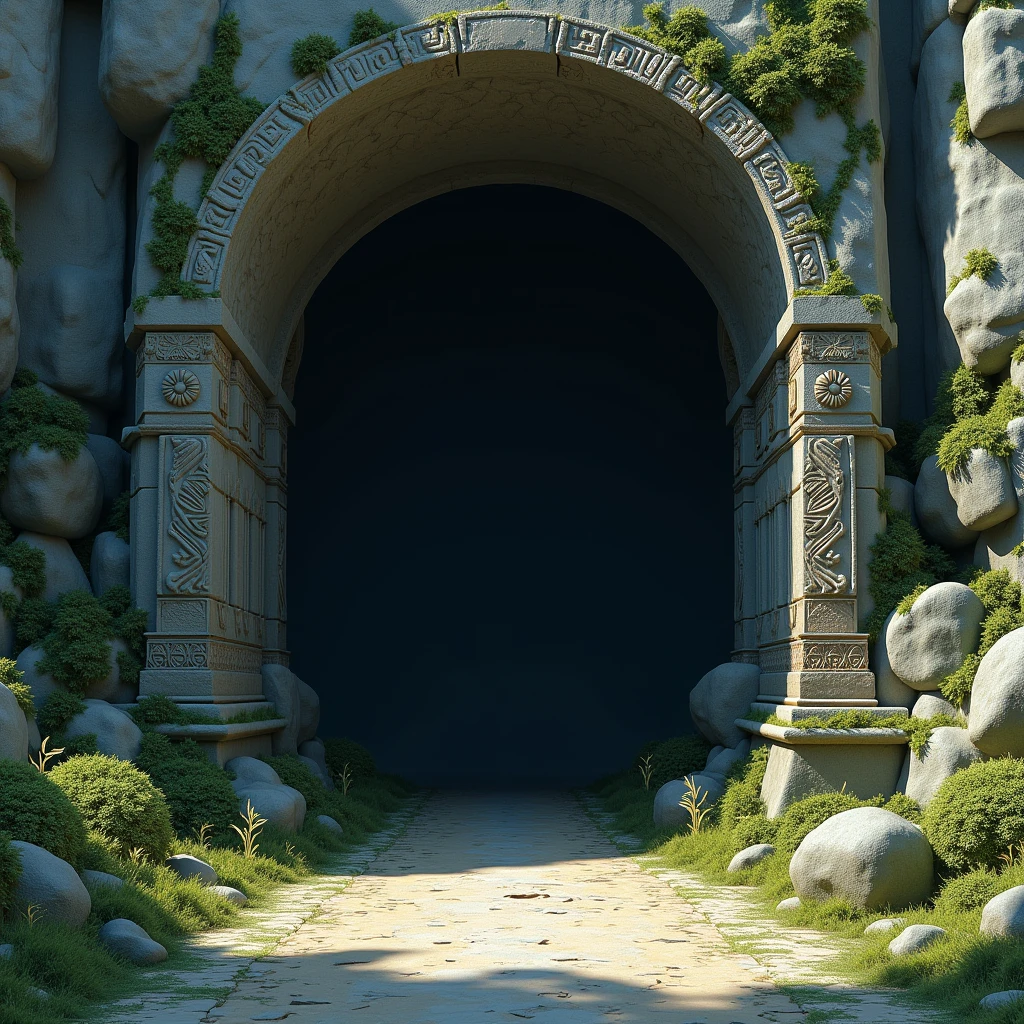 in 3d Animation style "**Cave entrance**: The entrance of the cave, with carvings and ancient symbols on the walls."