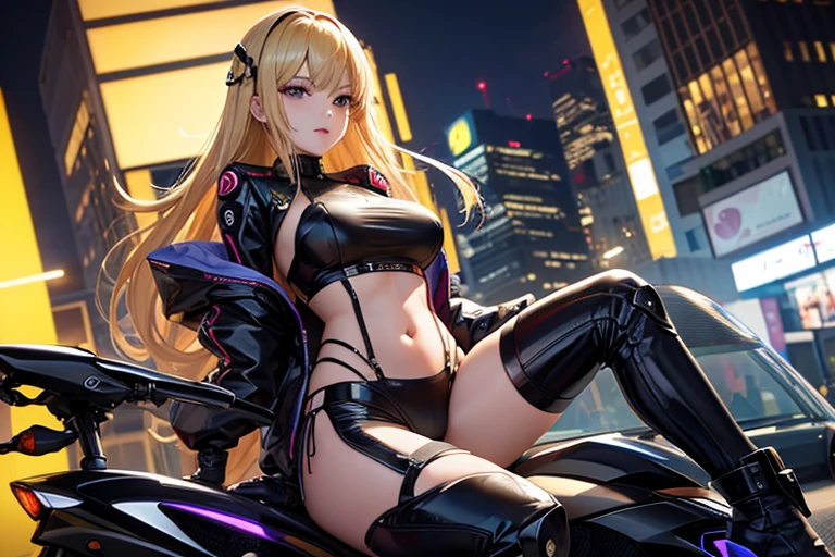 金髪の女性がcyber punkの街に立っている,Full body portrait,(masterpiece, Highest quality, Very detailed, Beautiful details in the eyes,Delicate face), Ultra-realistic, Blonde long hair, Shiny latex micro mini dress,Heart tattoo under the left eye, Seducing the viewer with captivating eyes, Beautiful Art Ultra HD 8K, 8KのVery detailedデジタルアート,cyber punk,{{{Neon Background}}},A very complicated background,Shinjuku,A face with hints of mechanical detail,A large motorcycle with a glossy black body and neon lines.,Cinema Lighting, Ray Tracing.Night view