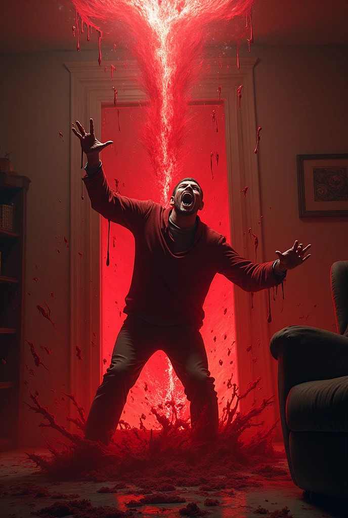 A screaming man getting sucked into a bloody hole in the middle of his living room, ????, blood, nightmare