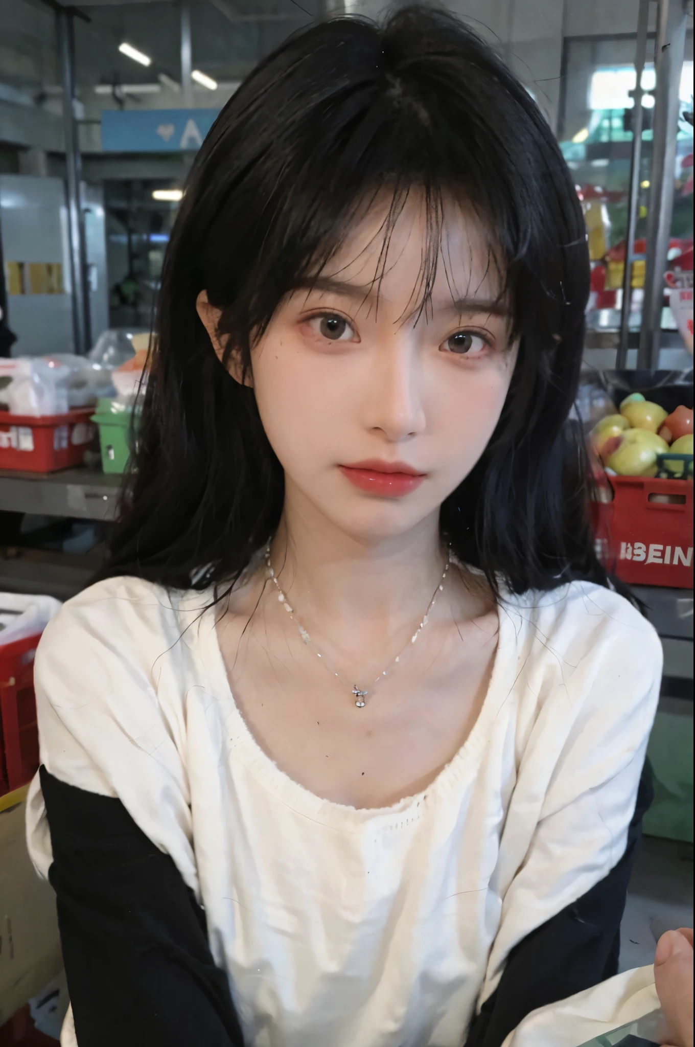 Best quality,Ultra-high resolution,(Realism:1.4),Cute hairpins,girll,Cropped black sweater,Look directly at the audience,Full of atmosphere,Beautiful woman with a slim figure:1.4,supermarket,Super delicate face,Exquisite eyes,Double eyelids,necklace