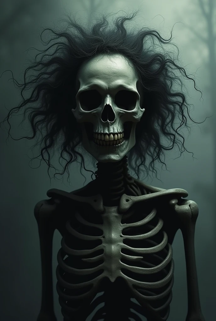 Create a dark style image of a skeleton with medium-long curly hair