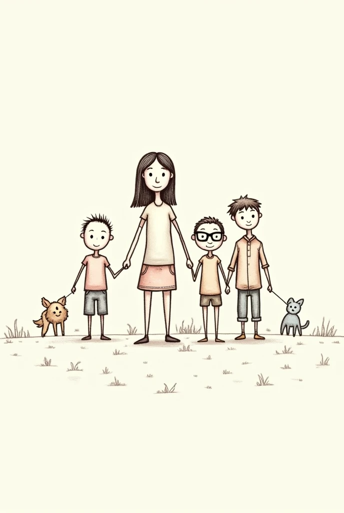 Drawing made with lines and sticks of a mother and 3 brothers ( a sister with glasses, an older brother and a younger one) and next to the grandmother. with a little dog