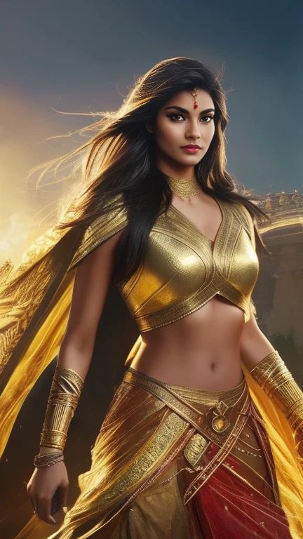 A beautiful Indian woman superhero, long dark hair, piercing eyes, high cheekbones, detailed facial features, intricate body armor with gold accents, holding a golden lasso, flying through the sky, dramatic lighting, cinematic composition, vibrant colors, epic fantasy, concept art style