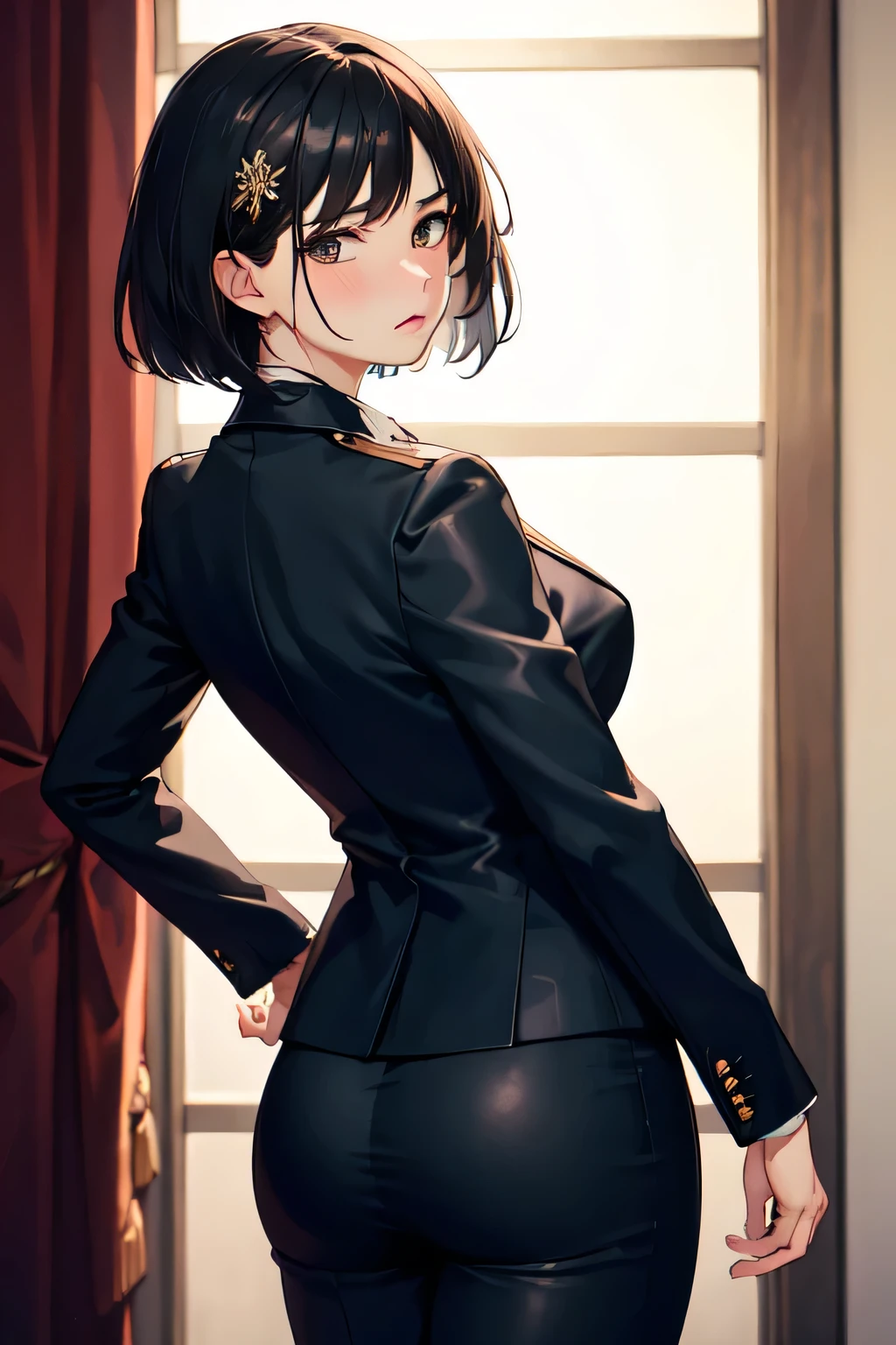 (((masterpiece,best quality,ultra detailed,high resolution))),One person,Cute face,Black Hair,Bob Hair,shame,pants suit,looking back,hip focus,nose blush,furrowed brow,cowboy shot