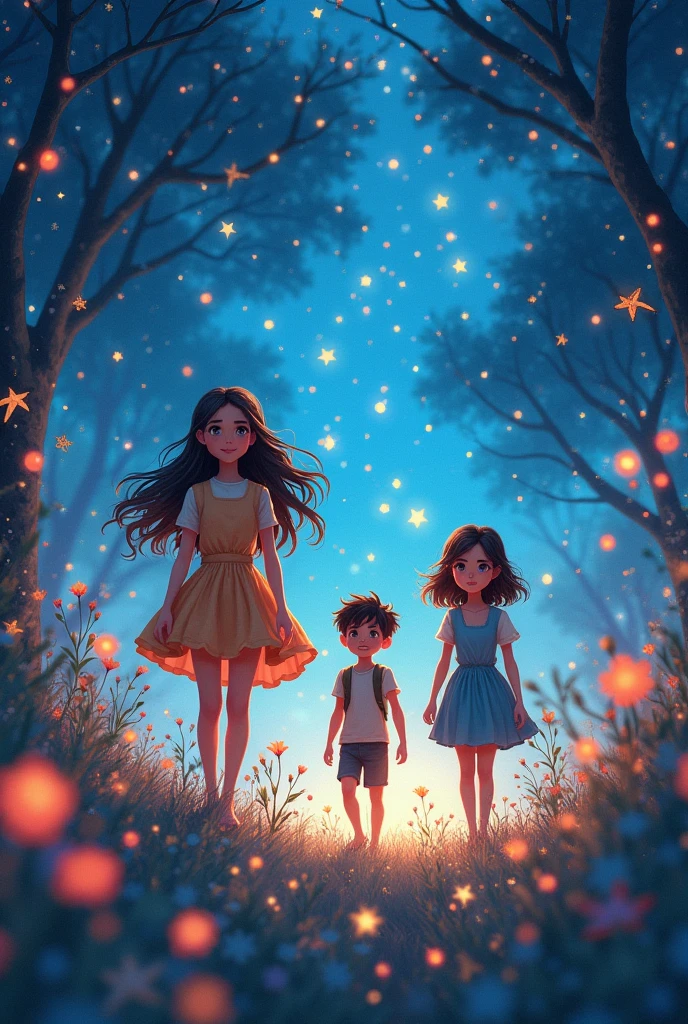 A garden of sparkling stars with two girls and a boy exploring in it, to color