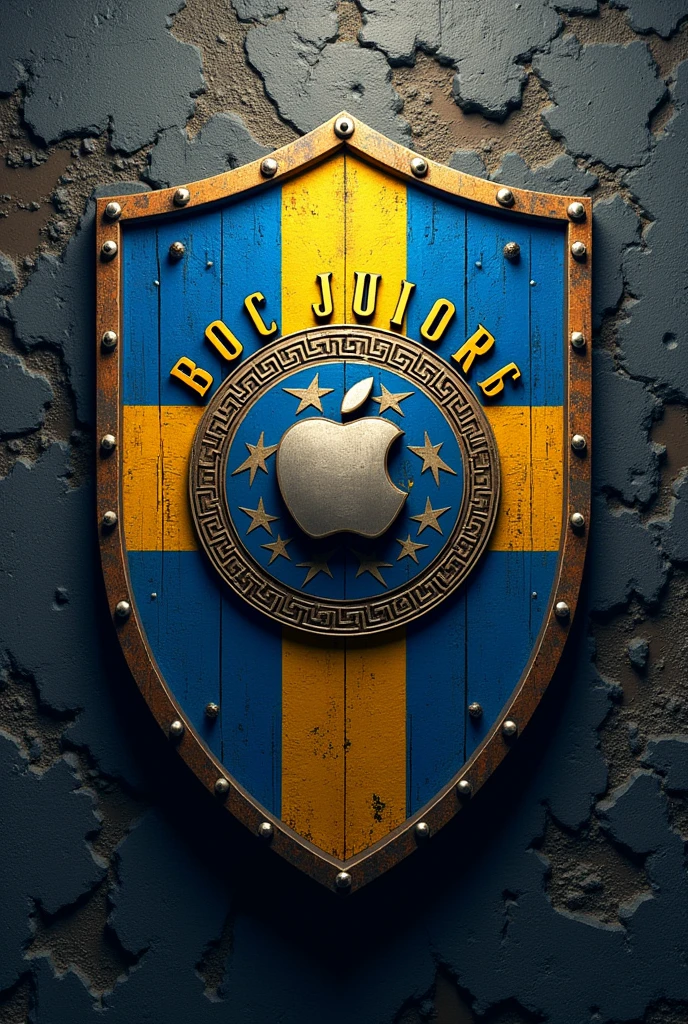 Generate an imposing Boca Juniors football shield in Viking style with stars based on the original blue and yellow logo of the Argentine team that says Afsong in the middle in large letters with the Apple apple