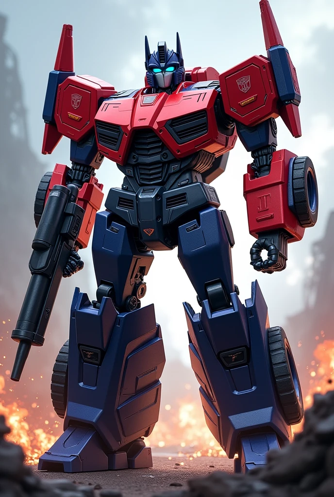 A red Autobot with dark blue details capable of transforming into a Lamborghini Aventador fused with an M1126 Stryker 1/72; with a cannon on his arm as a replacement for his right hand