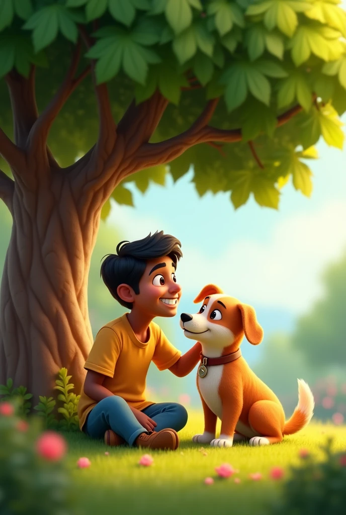 cartoon 3d animation style "**A final image of Ramesh and Sheru sitting together under a tree**, Ramesh smiling as he pets Sheru, showing the deep friendship between man and animal.