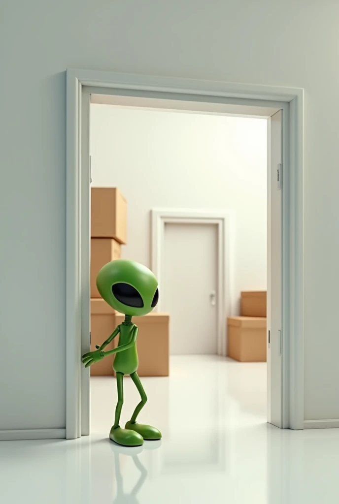 Create the image using two rectangular doors as a reference, one of which appears to be open, and where you can see the white background of the room with some cardboard boxes stacked on top. On one of the sides, a little Martian stands out from inside the room, holding one of the edges with one of his hands and looking out.