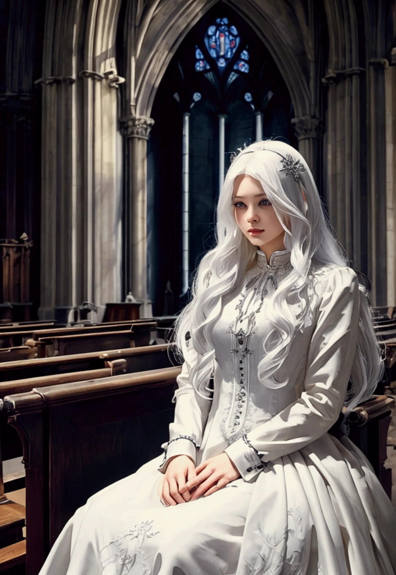 ((Highest quality)), ((masterpiece)), (detailed), church,White Hair,Fantasy,Gothic Dress,