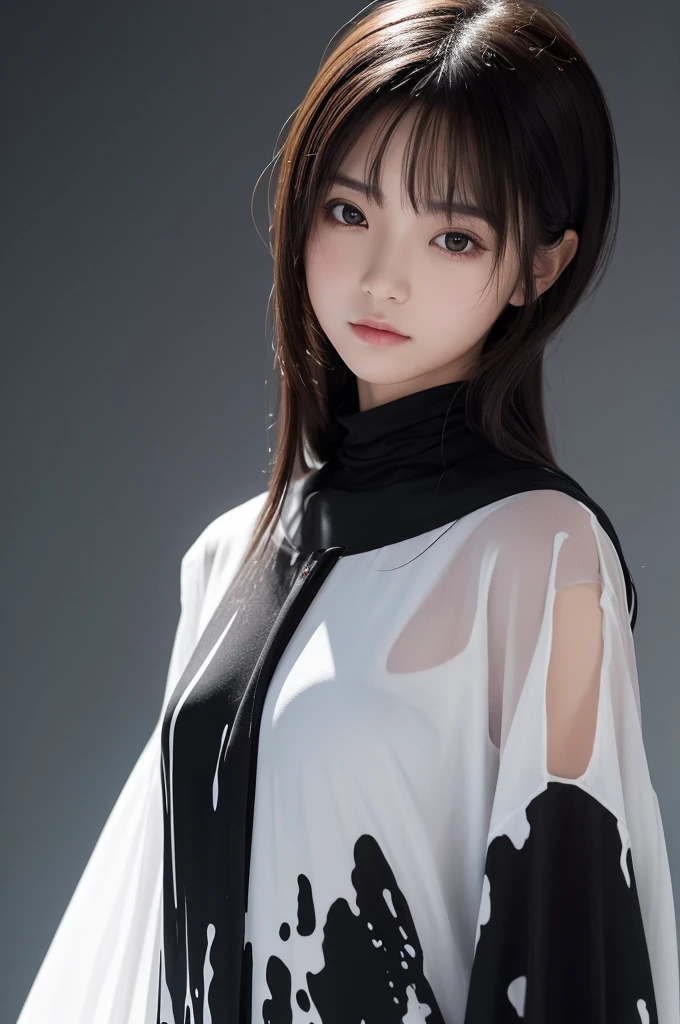 This image contains、A beautiful Japanese girl is covered in black and .。
**Background features**:
The background is simple and plain grey、Or a white background。This simple background、It is used to highlight the beautiful girl and her outfit.。
The design looks like she is not wearing any clothes and has black and white liquids poured over her body.。This liquid is、It clings to the beautiful girl's body as if it were a snapshot of a moment.。Some parts look like thin fabric、It's a very unique and artistic style.。
**Posing**:
Beautiful girl standing sideways、Face slightly tilted downwards。This pose is modest yet、It highlights the unique costume。
**Photographic Techniques**:
In a vertical screen composition、The beautiful girl is placed in the center。The use of light and shadow is brilliant、The texture of the liquid and the smoothness of the girl's skin are realistically expressed.。Also、The depiction of the movement captures the moment the liquid splashes.、It's a still image, but it gives a dynamic impression.。Because the background is simple、The focus is on the beautiful girl and her costume, which are the main subjects of the work.。
This image is、While it is a realistic depiction of real life,、It is a highly original piece that incorporates elements of fantasy and art.。