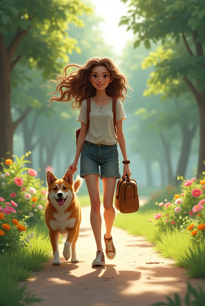 Brunette girl with curly hair walking a dog and a wide background of a park behind her