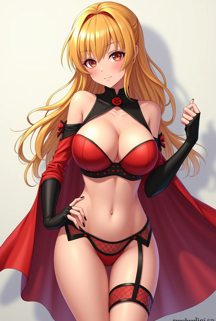A cute and sexy yellow haired anime girl with perfect tits and ass, in a superhero cosplay in lingerie or underwear and in anime style