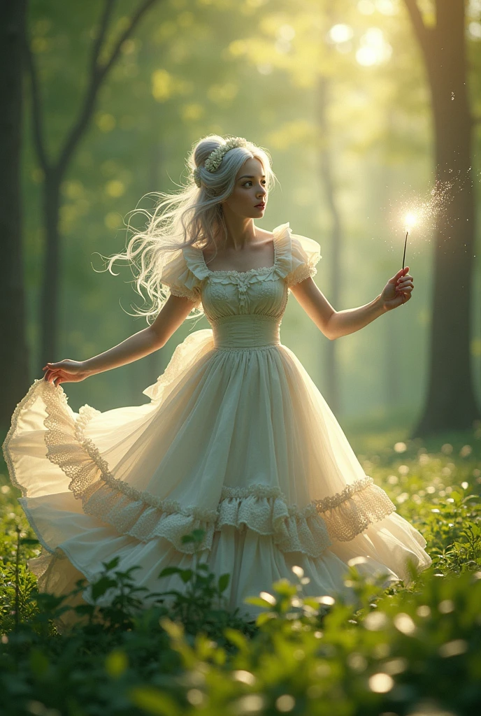 (photorealism:1.2), Beautiful girl, wearing a victorian maid dress, silver long hair, taking Magic wand, reciting spell, shinny forest, air hitting her clothes, green eyes.