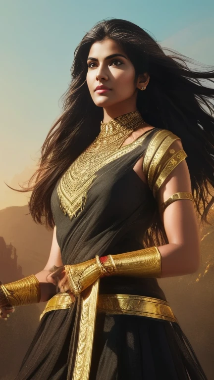 A beautiful Indian woman superhero, long dark hair, piercing eyes, high cheekbones, detailed facial features, intricate body armor with gold accents, holding a golden lasso, flying through the sky, dramatic lighting, cinematic composition, vibrant colors, epic fantasy, concept art style