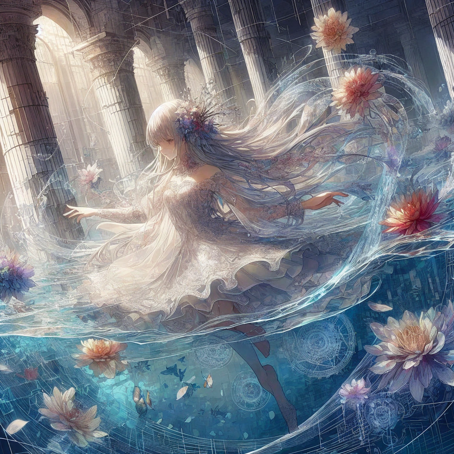 Under the water Drawing flowers, a fleeting beautiful girl, lace fabric and glass against the backdrop of submerged ruins A transparent, three-dimensional anime figure-style illustration made of transparent light consisting of a binary code fractal summoning magic circle of water and bubbles and a pale white and transparent gradation A landscape painting of the Sorcery Club clubroom swaying in the water A beautiful white-haired old woman who stayed up all night Beauty, piercing grey eyes, transparent skin made of glass A transparent dress and the texture of mother-of-pearl and ice I like submerged ruins Shadow Backlight Reflection Refraction Spectroscopy Prism Ray tracing Cute tropical fish and water spirits playing Making full use of aerial perspective, colloidal phenomena and the Tyndall effect to create a fantastical space with dust effects, light flakes and numerous glowing threads Lens flare