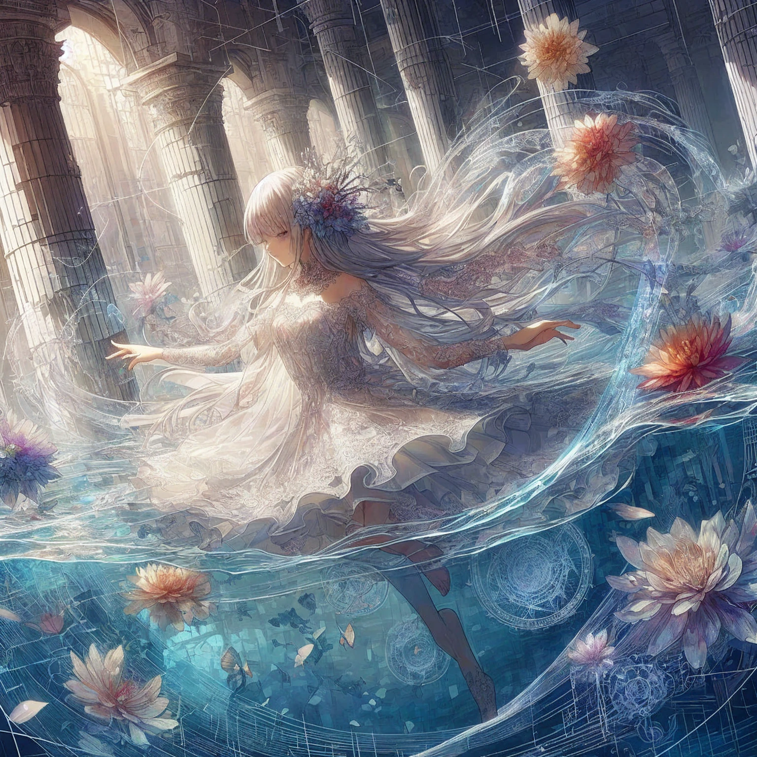 Under the water Drawing flowers, a fleeting beautiful girl, lace fabric and glass against the backdrop of submerged ruins A transparent, three-dimensional anime figure-style illustration made of transparent light consisting of a binary code fractal summoning magic circle of water and bubbles and a pale white and transparent gradation A landscape painting of the Sorcery Club clubroom swaying in the water A beautiful white-haired old woman who stayed up all night Beauty, piercing grey eyes, transparent skin made of glass A transparent dress and the texture of mother-of-pearl and ice I like submerged ruins Shadow Backlight Reflection Refraction Spectroscopy Prism Ray tracing Cute tropical fish and water spirits playing Making full use of aerial perspective, colloidal phenomena and the Tyndall effect to create a fantastical space with dust effects, light flakes and numerous glowing threads Lens flare