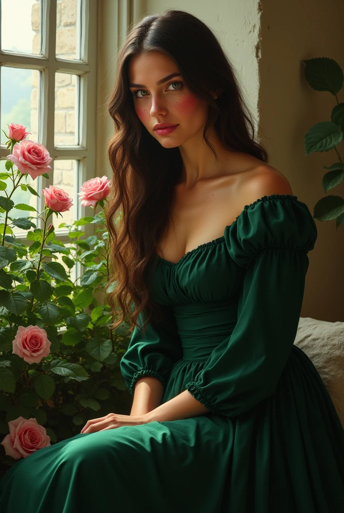 (photorealism:1.2), 19th century painting, beautiful woman, sitting on rock, surrounded by roses, wearing victorian dark green conservative and covering silk dress with long sleeve, long wavy hair, indoors, soft lighting, plants in background, window with sunlight, dark gaze, greenish hazel eyes, tanned skin, freckles, pretty, no smile on her face, neutral expression, a bit chubby