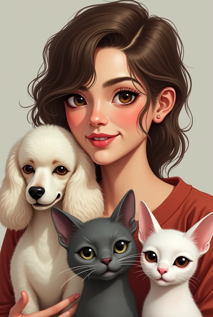 A picture of me, a 23-year-old girl with wavy brown hair combed to one side, slightly broad forehead and large brown eyes, Medium mouth with the lower lip slightly larger than the upper lip, chubby with slightly pink cheeks and short neck, with a wide texture and a small mole on the left cheek, also put a white but flat poodle with ears that go from white to very light brown, On the side, put a light gray cat with white that goes from the eyes like a line and expands throughout the entire snout., with a pink nose and not so light green eyes and finally below put a small white chihuahua with short hair and a single eye with a brown circle around it