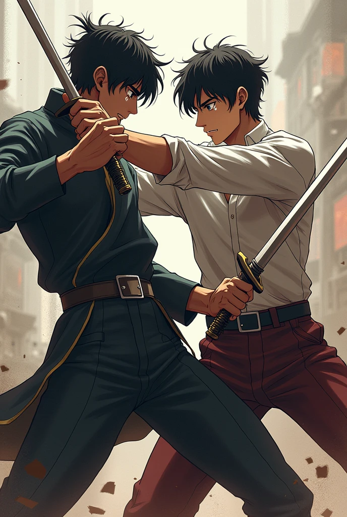 A tall young man with black hair and white skin is fighting with swords with a tall young man with black hair. The two fighting, with tears in her eyes