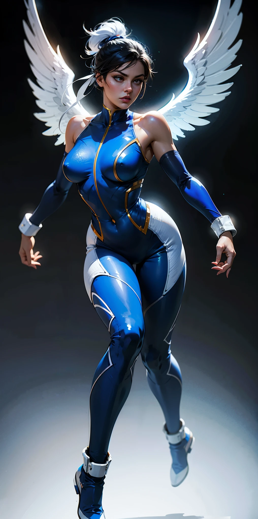 (white background:1.2) "Selena Gomez, Chun-Li V2.1, fusion, Whole body, dynamic pose, floating hair, powerful expression, blue and white wrestling suit, White boots, Leggings negros, Angel wings, cosmic background, neon lighting, Detailed face, bright Eyes, Perfect skin, Realistic proportions, 8k, Unreal Engine, photorealistic, detailed skin texture, masterpiece, Best Quality."