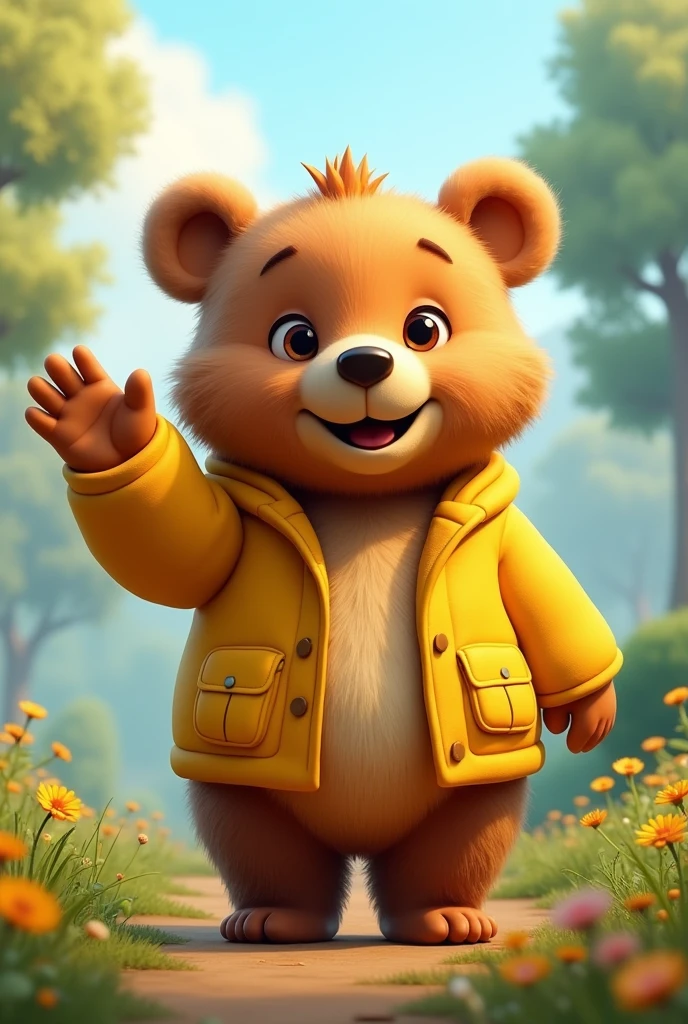 Create some images where a bear in a yellow jacket is waving 