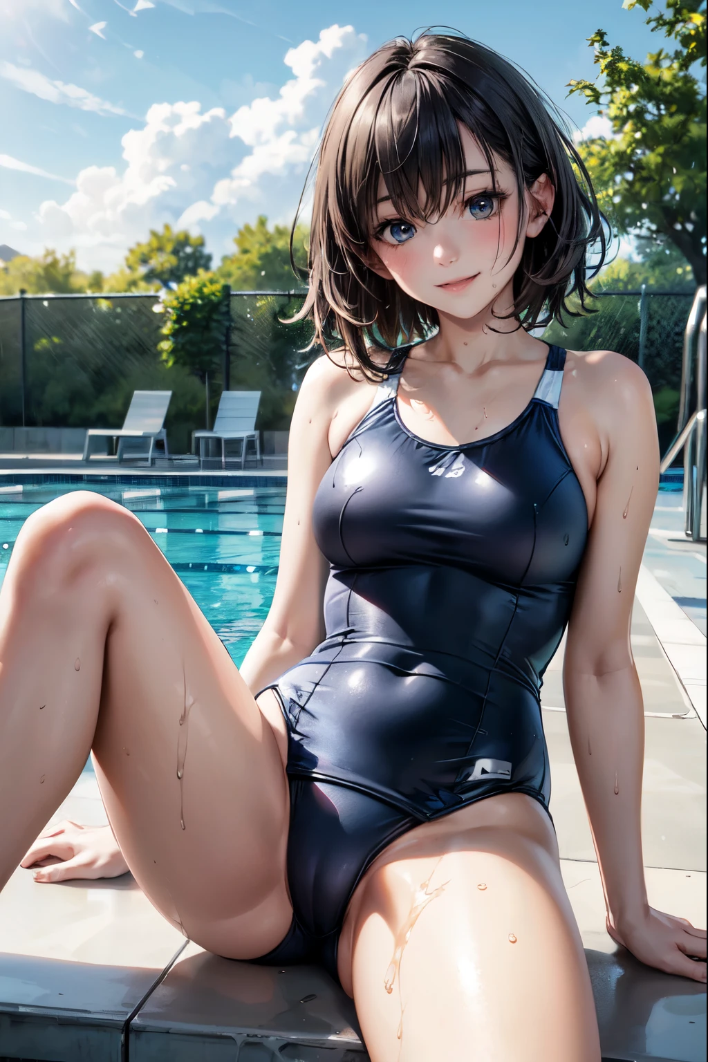 very cute and beautiful girl,(highly detailed beautiful face),(blue school swimsuit),sweat,wet, sitting,spread legs,(pool side),summer,countryside,grassland, (smile),happy,looking at viewer,black hair,cowboy shot, (best quality,masterpiece),absurdres,highres,ultra-detailed,extremely detailed,32k, cinematic scene,detailed background,solo,dynamic angle, hair fluttering in the wind,beautiful detailed sky,realistic,