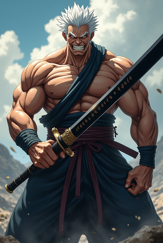 A 2 meter samurai, short, spiky, white hair, muscular body and scarred face, a 100kg black sword and an angry anime style smile