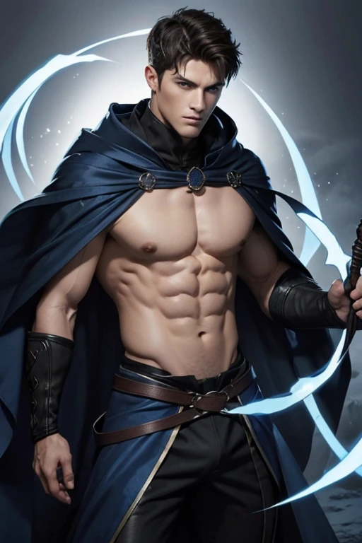 Illustration a a very handsome and sexy man, he is a wizard, he has deep blue eyes, nice abs, he wears an opened dark blue cloak with a large hood over his shirtless chest, magic swirls, white fog