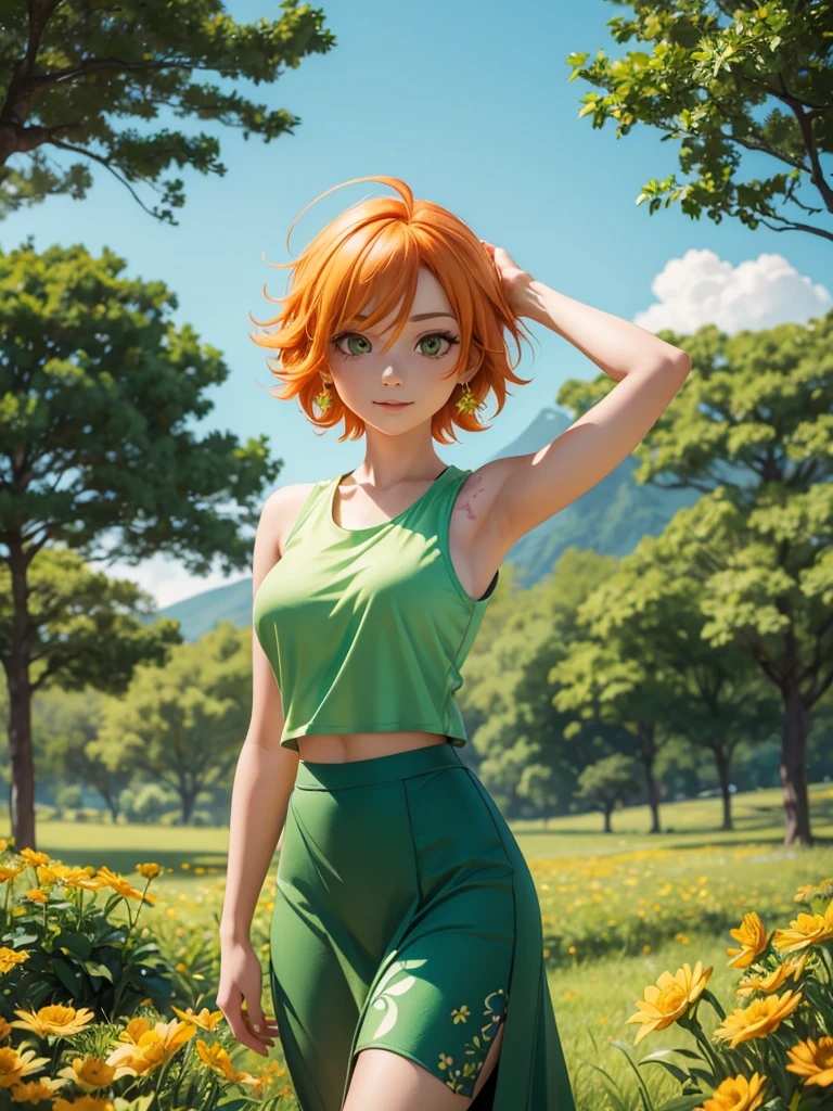 Nami in a green field, with the sunlight illuminating her face and her orange hair. She is in a relaxed pose, wearing a sleeveless top that highlights the detailed tattoo on her left arm. The tattoo should be the focus, showing every line and curve accurately. The background is a serene scenery with flowers and trees, complementing Nami&#39;s natural beauty, as the gentle breeze gently moves your clothes and hair