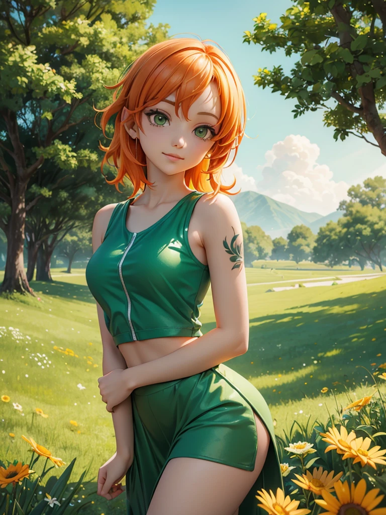 Nami in a green field, with the sunlight illuminating her face and her orange hair. She is in a relaxed pose, wearing a sleeveless top that highlights the detailed tattoo on her left arm. The tattoo should be the focus, showing every line and curve accurately. The background is a serene scenery with flowers and trees, complementing Nami&#39;s natural beauty, as the gentle breeze gently moves your clothes and hair