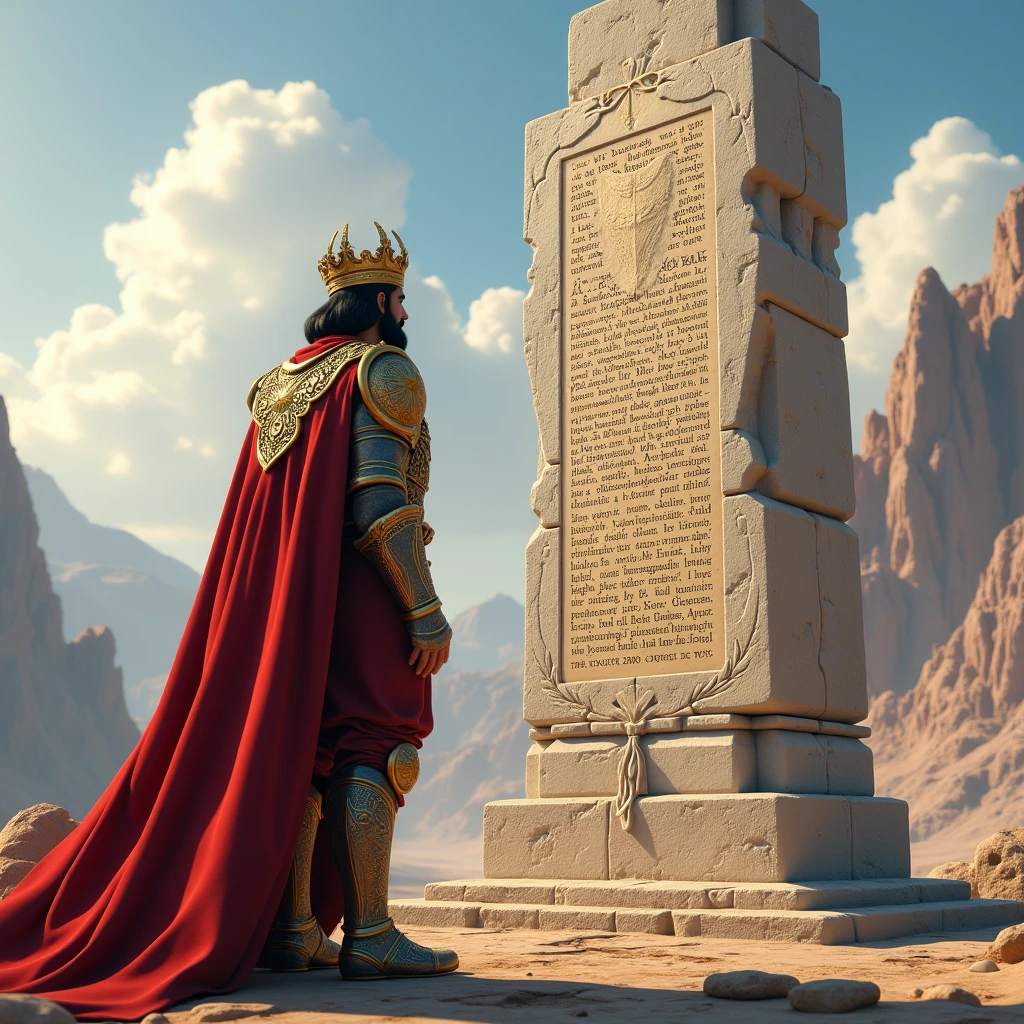 in 3d Animation style "**King Balveer reading the inscription**: King Balveer standing by the large stone with the inscription about the trials."